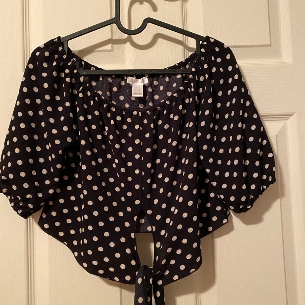 black/white polka dot front tie blouse